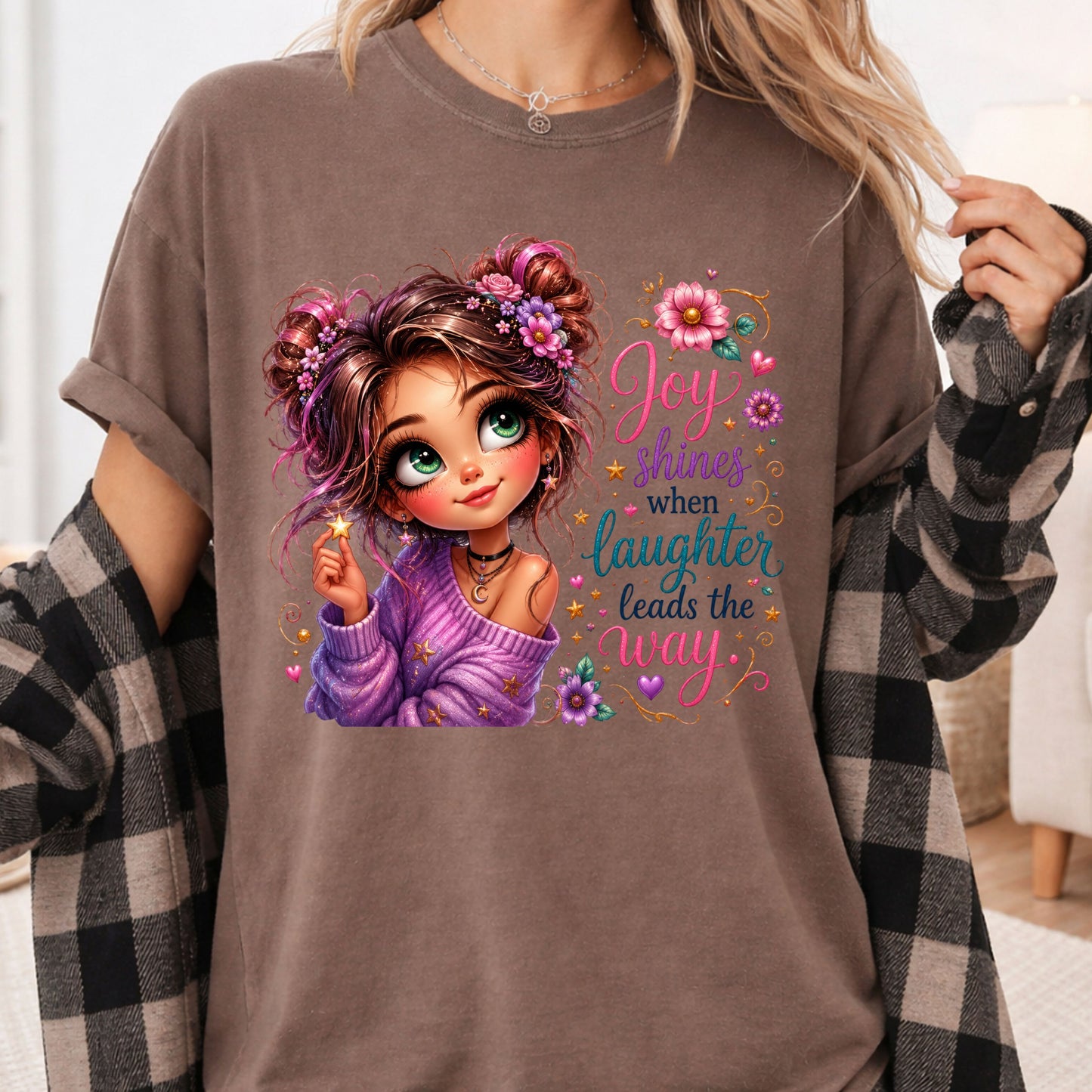 Joy Shines Laughter Space Buns Girl T-Shirt, Cute Floral Quote Tee
