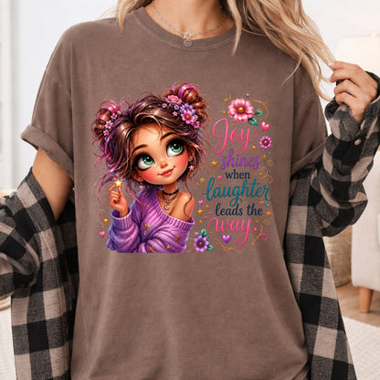 Joy Shines Laughter Space Buns Girl T-Shirt, Cute Floral Quote Tee