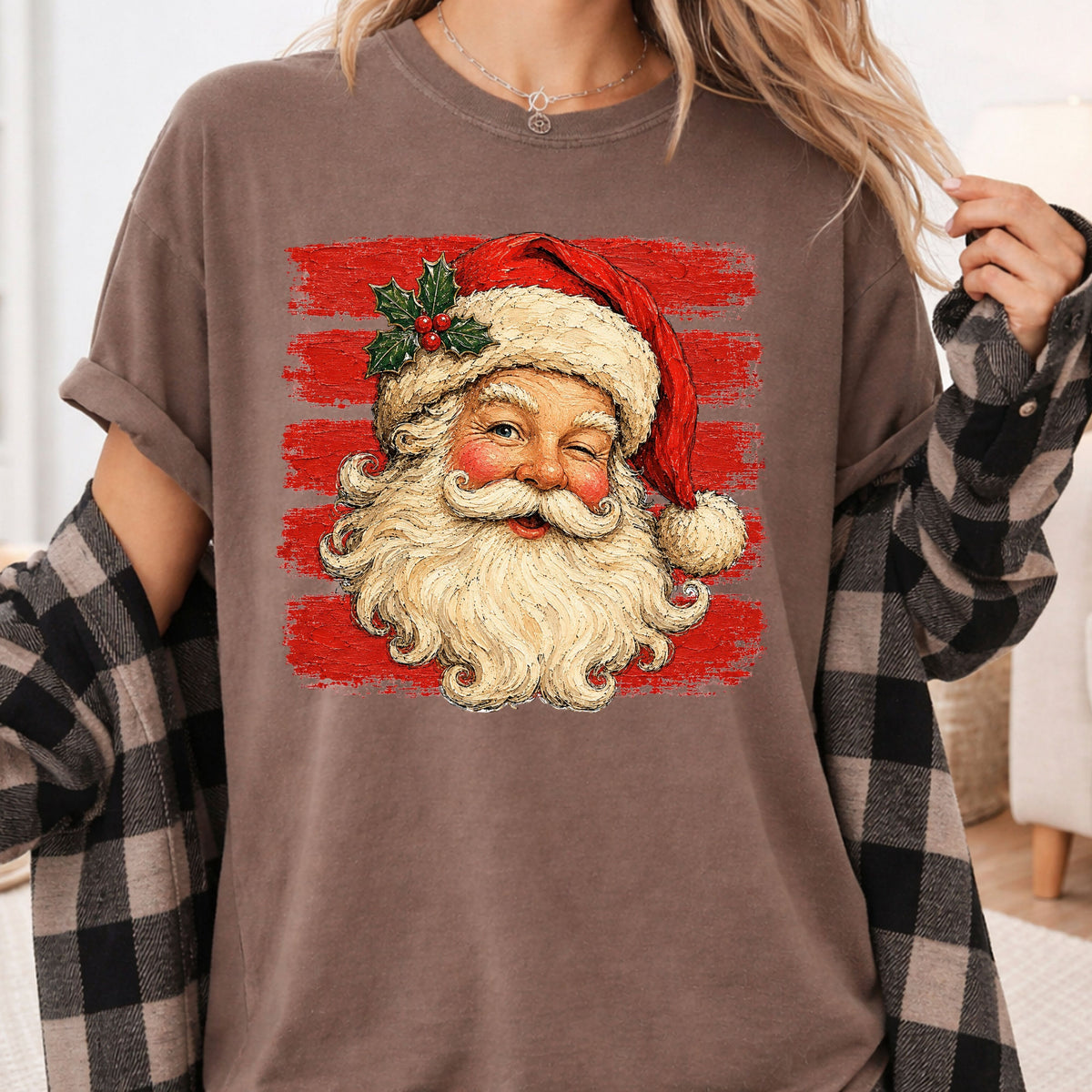 Vintage Winking Santa Christmas T-Shirt, Retro Red Stripes Nostalgic Holiday Comfort Color Tee