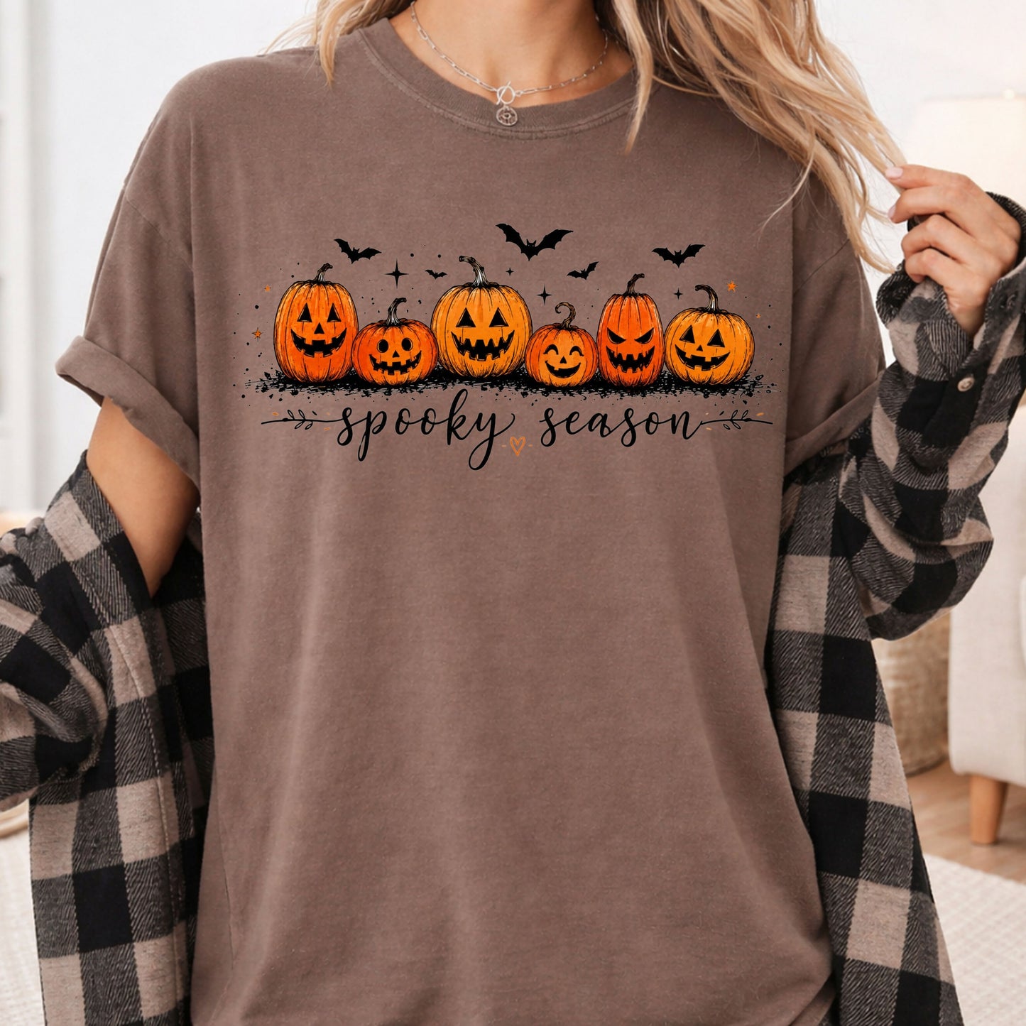 Spooky Season Jack O Lantern T-Shirt, Pumpkin Patch Bats Cursive Halloween Tee Sweatshirt