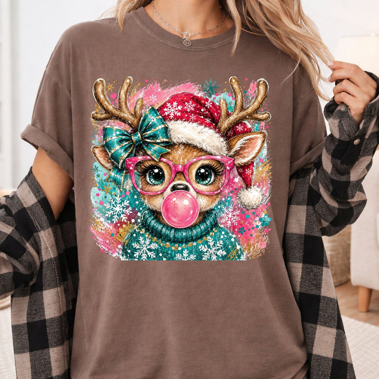 Christmas Reindeer Pink Glasses T-Shirt, Bubblegum Deer Santa Hat Cute Comfort Color Tee