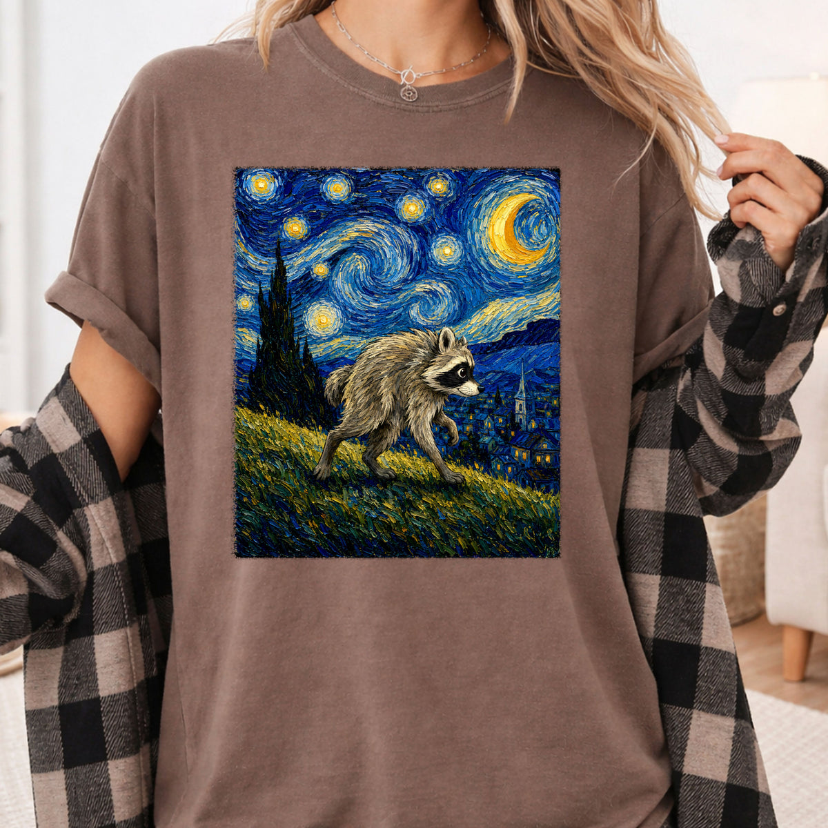 Starry Night Raccoon T-Shirt, Van Gogh Style Oil Painting Funny Wildlife Art Tee