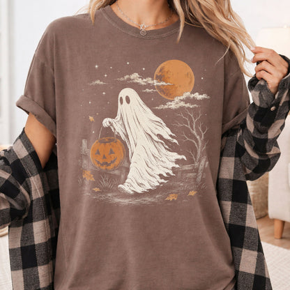 Vintage Halloween Ghost T-Shirt, Jack O Lantern Full Moon Sepia Neutral Tones Spooky Fall Tee