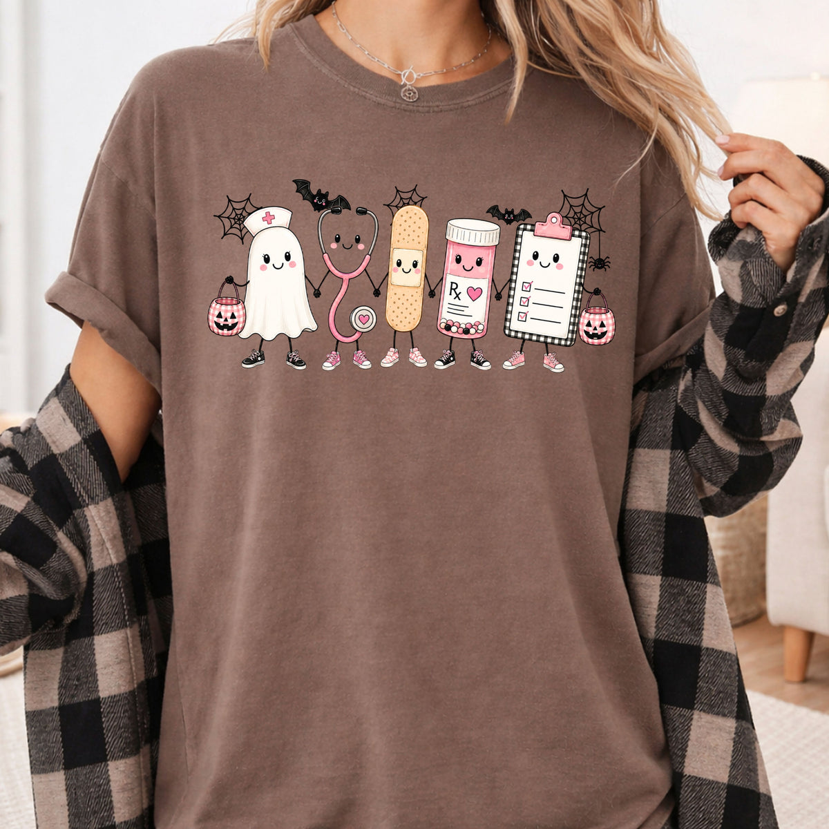 Pink Spooky Nurse Squad Halloween T-Shirt, Ghost Stethoscope Medical Bandage Tee