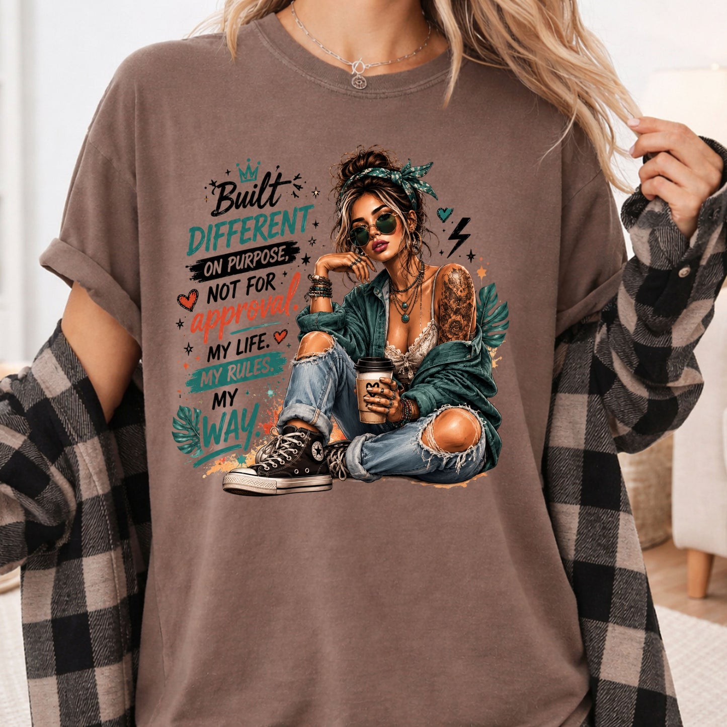 Built Different On Purpose Tattooed Girl T-Shirt, Coffee My Life My Rules Tee