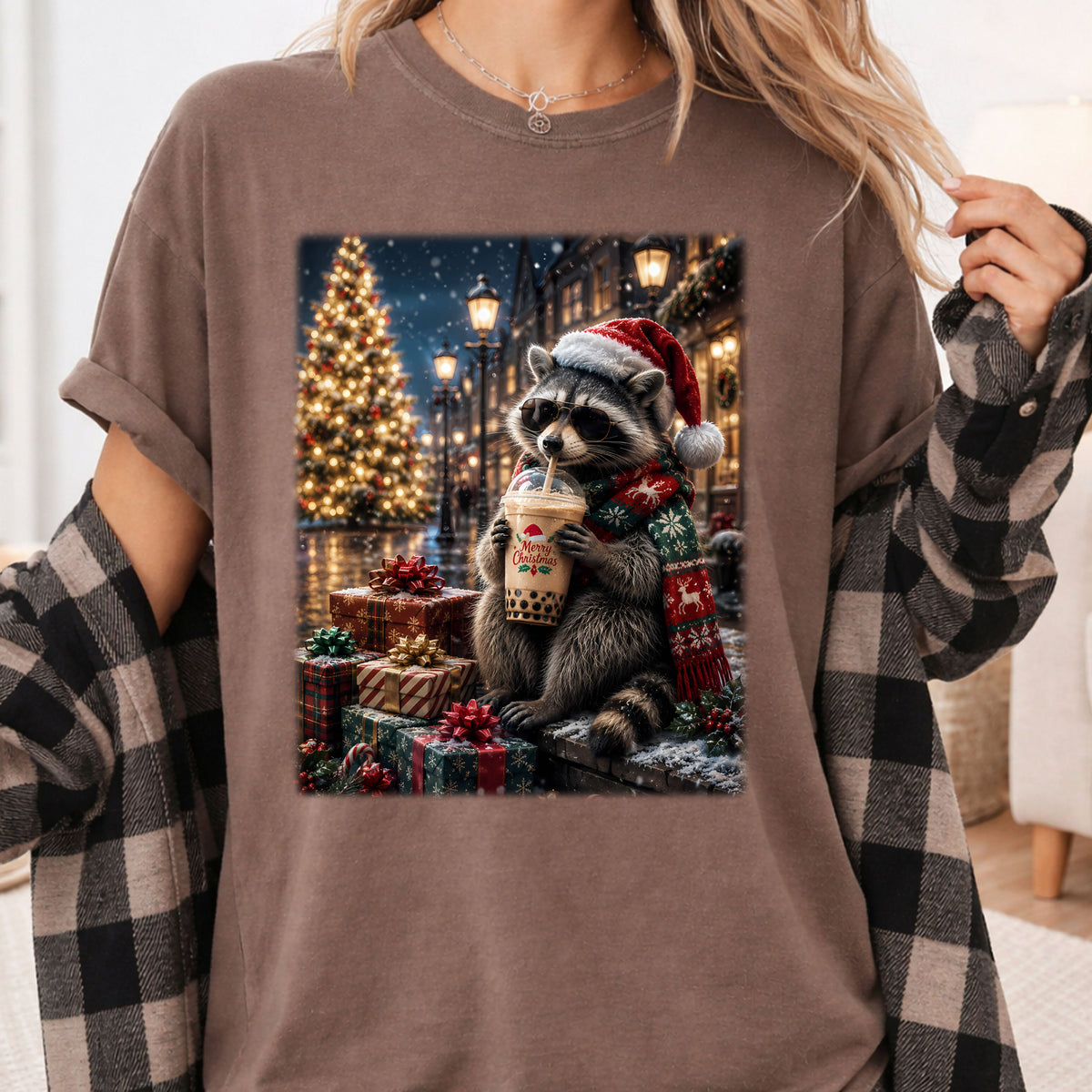 Christmas Raccoon Santa Hat T-Shirt, Coffee Drink Cute Holiday Winter Comfort Color Tee