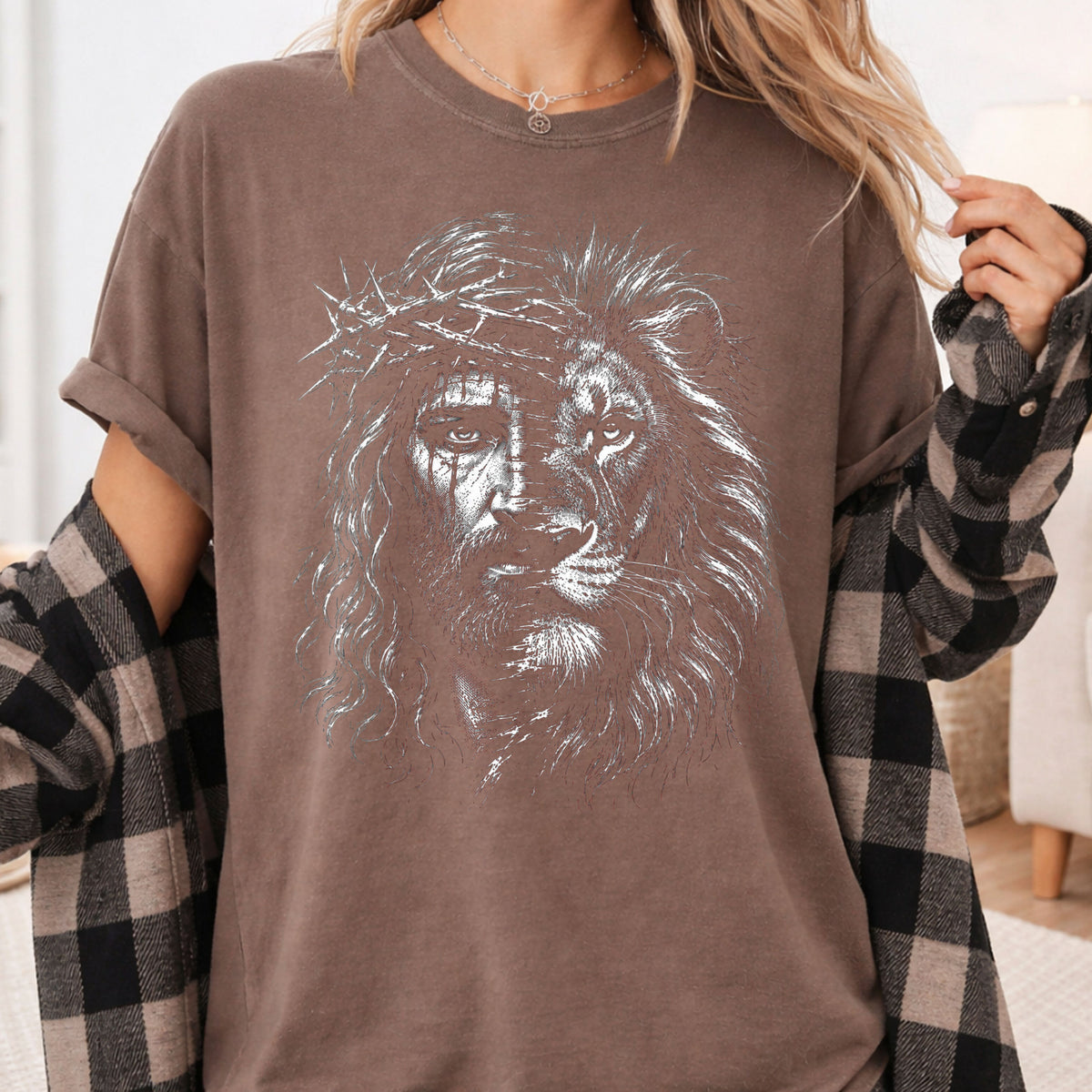 Lion and Jesus Christian Faith T-Shirt, Lion of Judah Crown of Thorns Sketch Tee