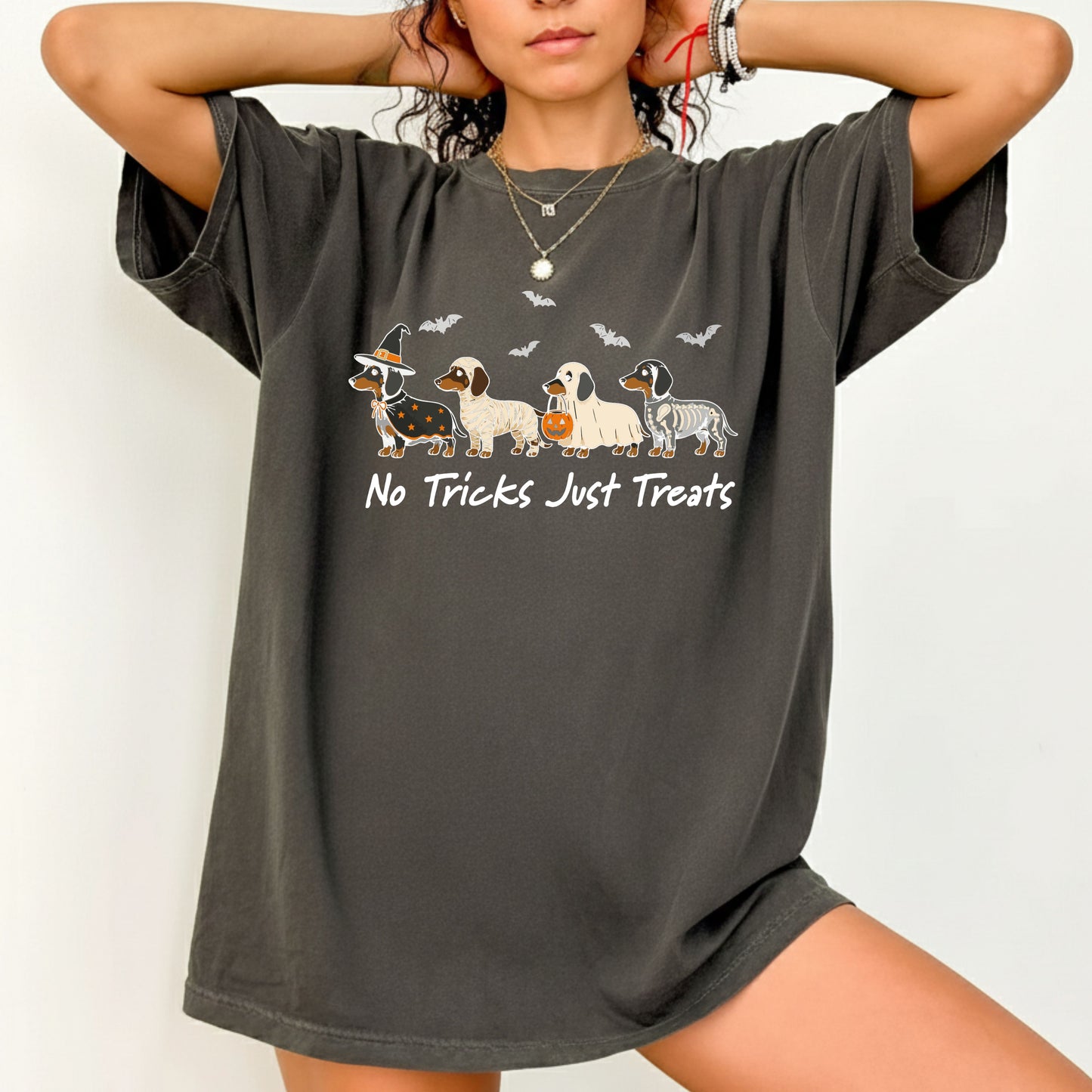 Dachshund Halloween Comfort Colors T Shirts No Tricks Just Treats Costume Tee Cute Ghost Mummy Witch Skeleton Dog Shirt Spooky Wiener Dog Hoodie
