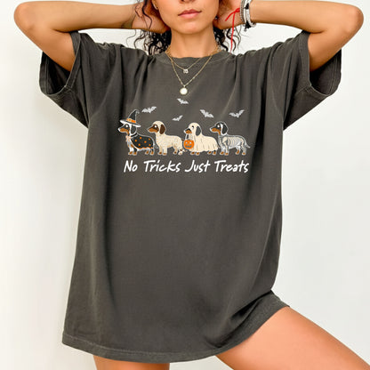 Dachshund Halloween Comfort Colors T Shirts No Tricks Just Treats Costume Tee Cute Ghost Mummy Witch Skeleton Dog Shirt Spooky Wiener Dog Hoodie