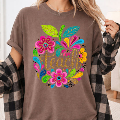 Teacher Teach Floral Apple T-Shirt, Colorful Back to School Teacher Life Tee