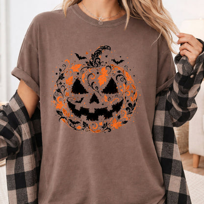 Halloween Pumpkin Face Floral Swirl Gothic T-Shirt, Intricate Spooky Pumpkin Tee