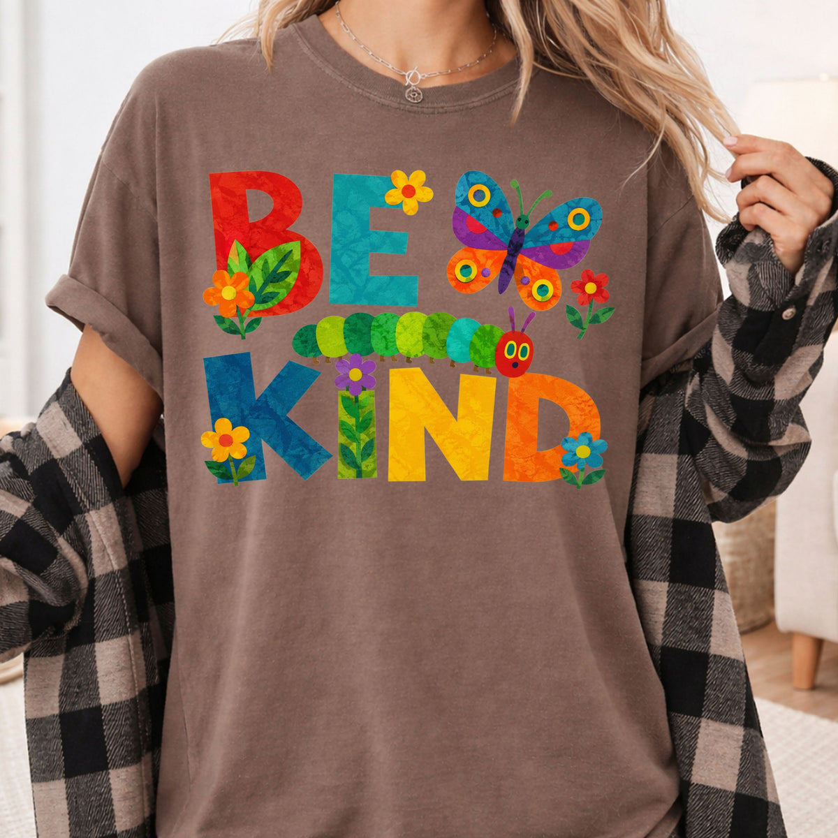 Be Kind Caterpillar Butterfly T-Shirt, Colorful Flowers Storybook Teacher Comfort Color Tee