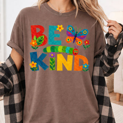 Be Kind Caterpillar Butterfly T-Shirt, Colorful Flowers Storybook Teacher Comfort Color Tee