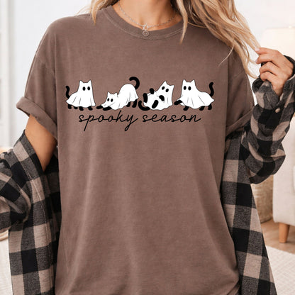 Spooky Season Ghost Cats Halloween T-Shirt, Black Cats Ghost Line Art Minimalist Tee