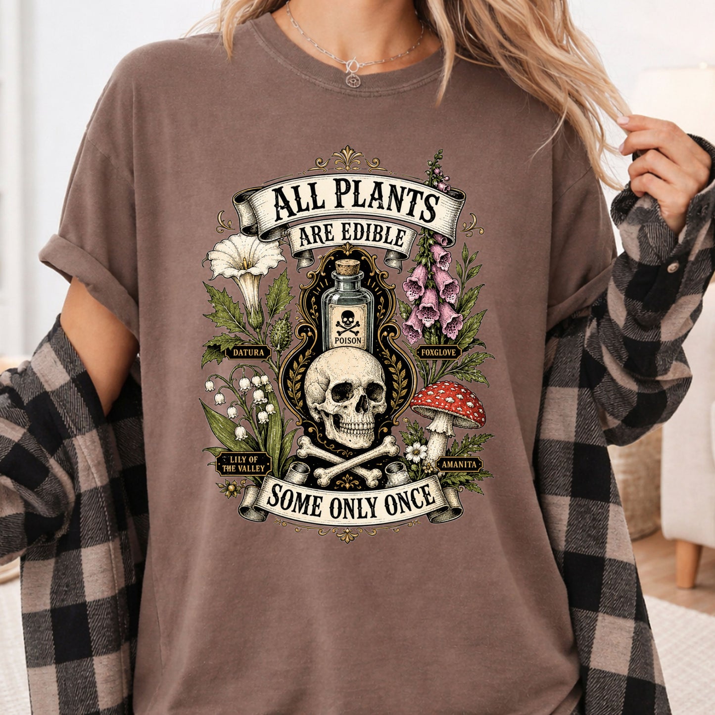 Funny Botanical All Plants Are Edible T-Shirt, Poisonous Mushroom Skull Vintage Tee
