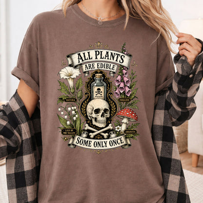Funny Botanical All Plants Are Edible T-Shirt, Poisonous Mushroom Skull Vintage Tee