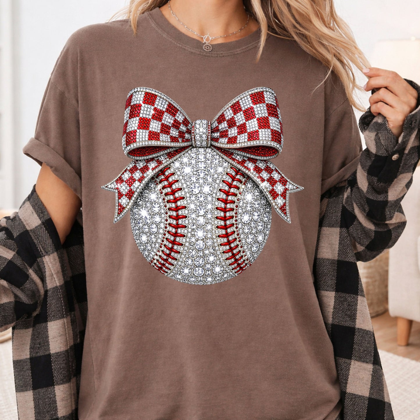 Coquette Baseball Sparkle T-Shirt, Red Checkered Bow Sports Mom Girl Tee