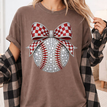Coquette Baseball Sparkle T-Shirt, Red Checkered Bow Sports Mom Girl Tee
