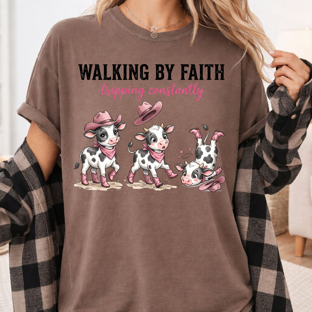 Funny Western Cow Walking by Faith T-Shirt, Pink Cowboy Boots Christian Humor Tee