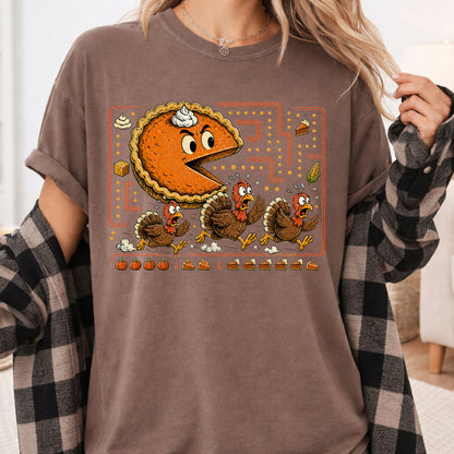 Funny Thanksgiving Pacman Pumpkin Pie T-Shirt, Chasing Turkeys Maze Video Game Tee