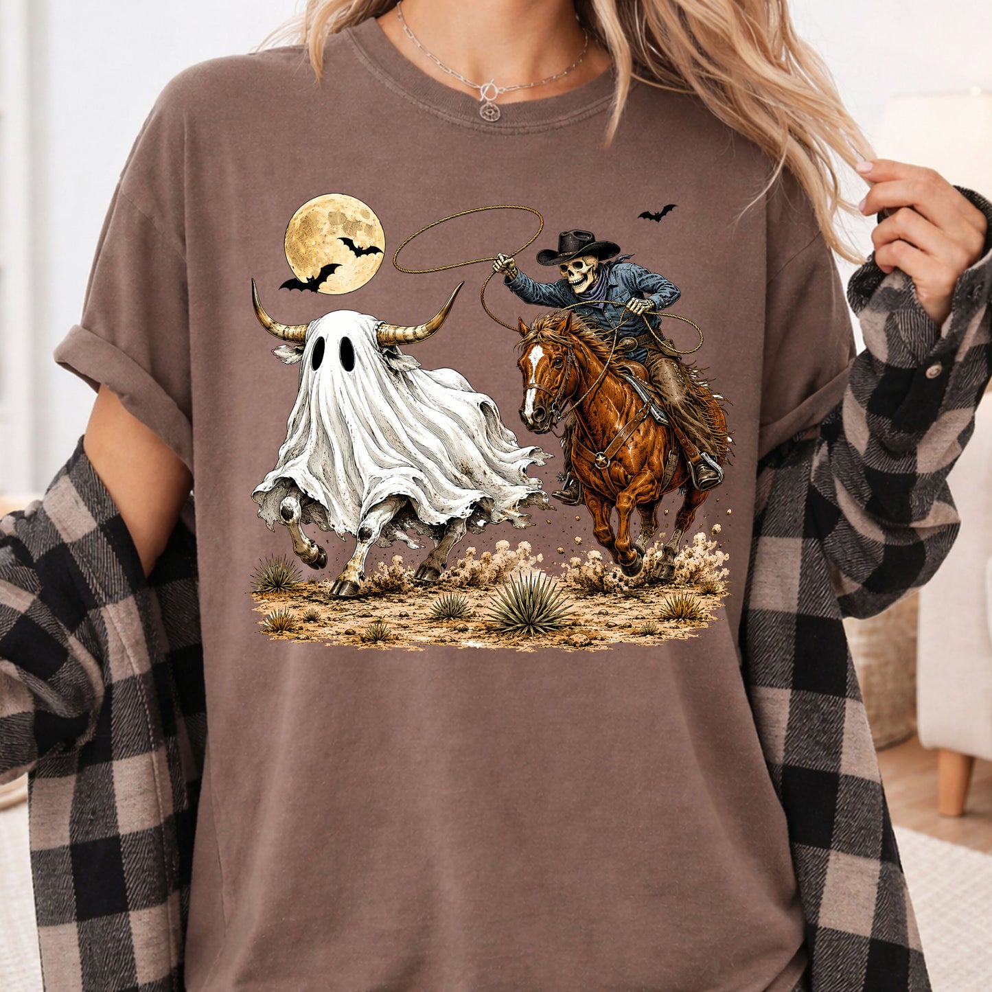 Halloween Skeleton Cowboy Ghost T-Shirt, Western Rodeo Bull Lasso Spooky Tee