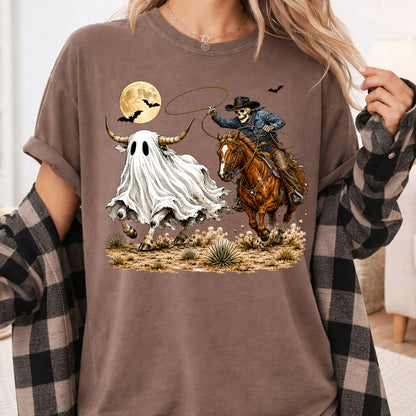 Halloween Skeleton Cowboy Ghost T-Shirt, Western Rodeo Bull Lasso Spooky Tee