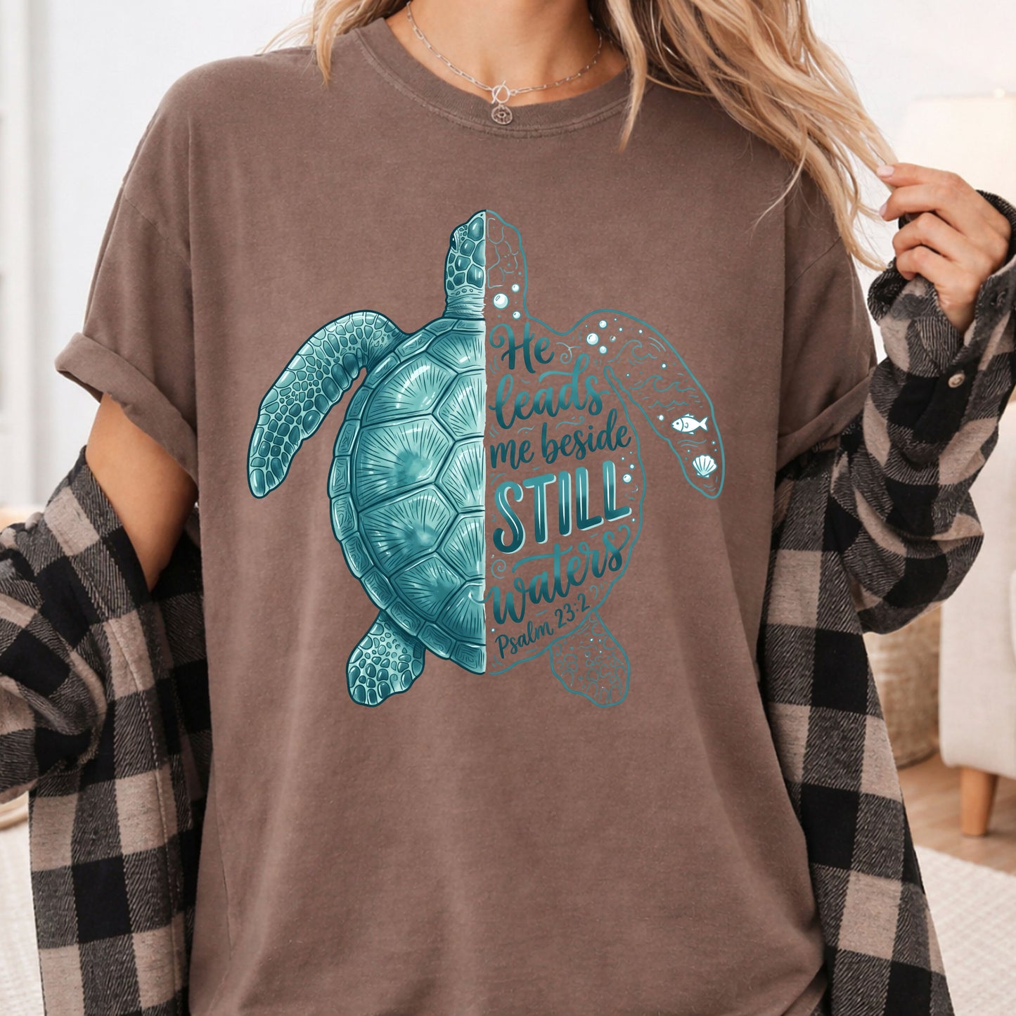 Christian Sea Turtle Psalm 23 T-Shirt, He Leads Me Beside Still Waters Faith Tee