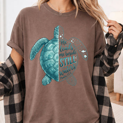 Christian Sea Turtle Psalm 23 T-Shirt, He Leads Me Beside Still Waters Faith Tee