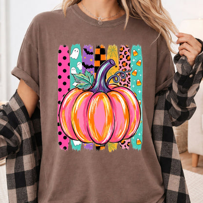 Halloween Pumpkin Brush Strokes Leopard Ghosts Candy Corn T-Shirt, Spooky Season Tee