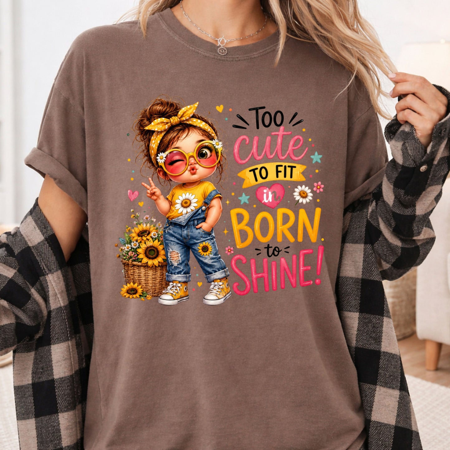 Too Cute to Fit In Born to Shine Little Girl T-Shirt, Sunflower Headband Tee