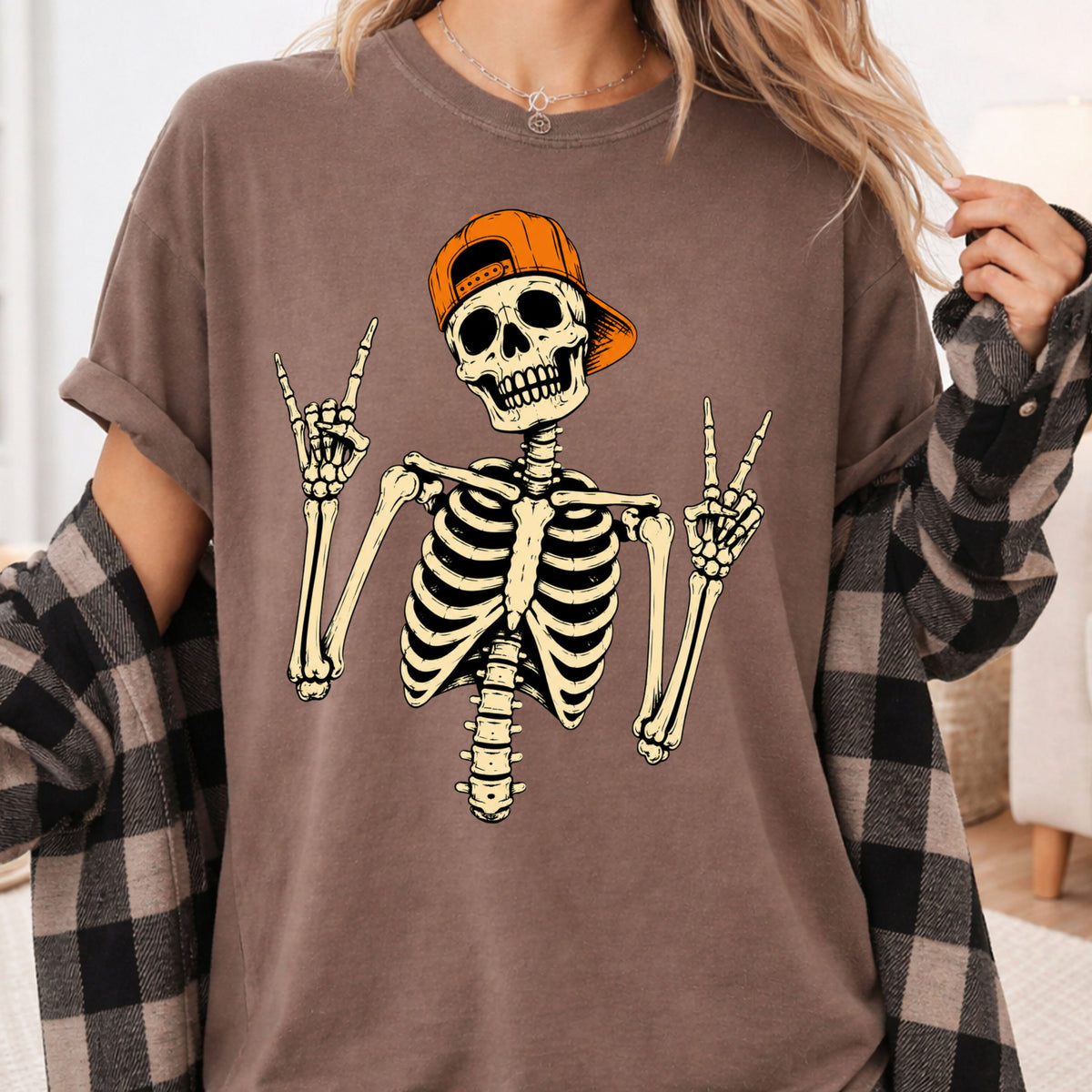 Cool Skeleton Rock On T-Shirt, Peace Sign Halloween Orange Hat Spooky Tee