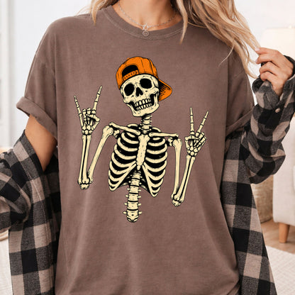 Cool Skeleton Rock On T-Shirt, Peace Sign Halloween Orange Hat Spooky Tee