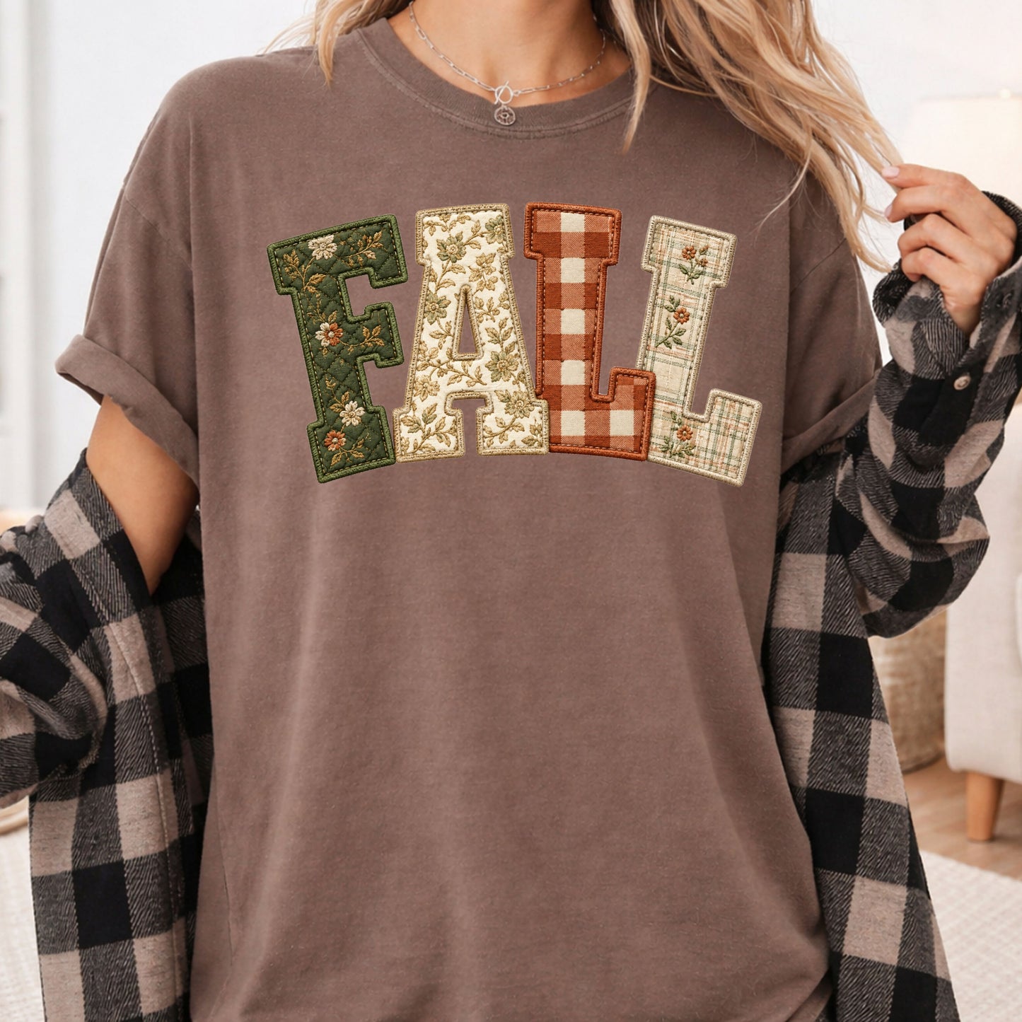 Fall Patchwork Chenille Letters T-Shirt, Quilted Plaid Autumn Thanksgiving Comfort Color Tee