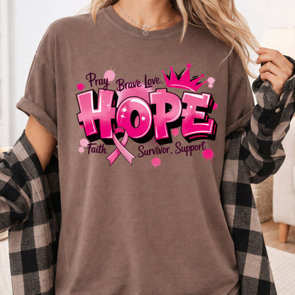 Breast Cancer Hope Pink Ribbon T-Shirt, Survivor Awareness Support Comfort Color Tee