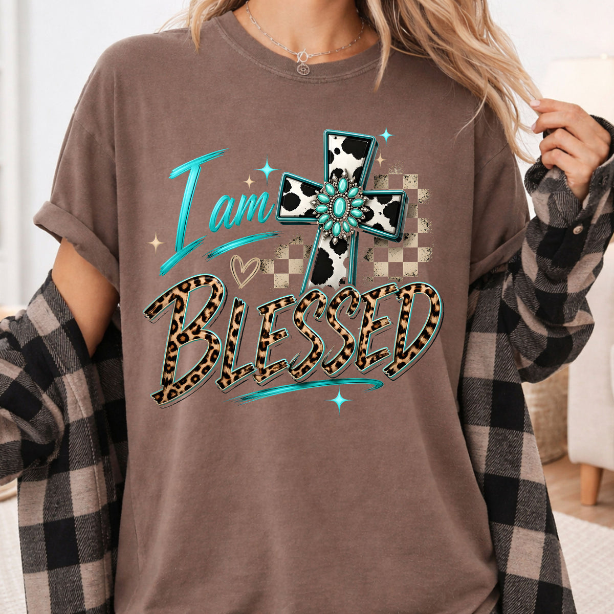 I Am Blessed Western Cross Cow Print T-Shirt, Turquoise Leopard Faith Tee