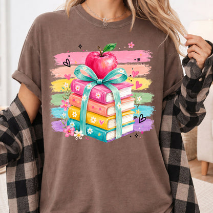 Coquette Stacked Books Teacher T-Shirt, Apple Ribbon Colorful Brushstrokes Comfort Color Tee