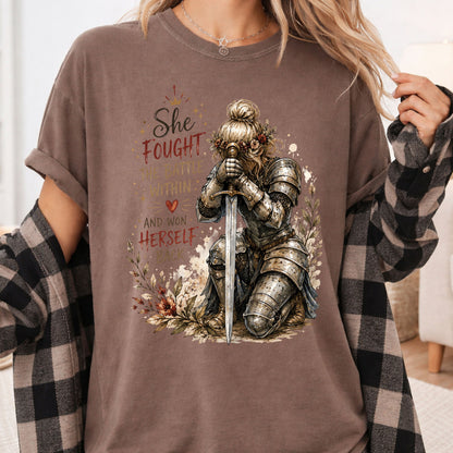 Inspirational Knight Girl She Fought the Battle Within T-Shirt, Female Warrior Sword Armor Tee