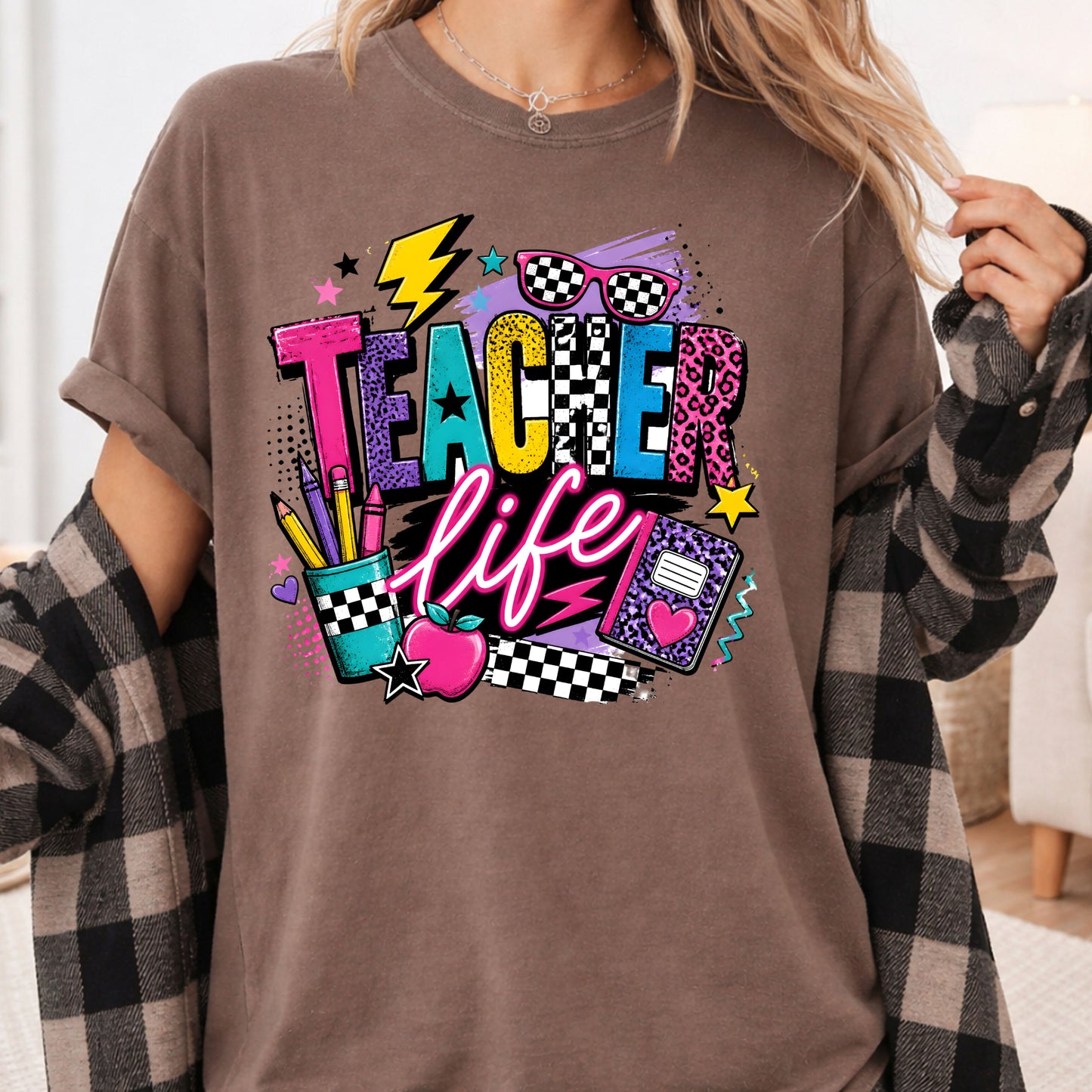 Retro Neon Teacher Life T-Shirt, Colorful Doodle Graffiti Checkerboard Sunglasses Back to School Tee