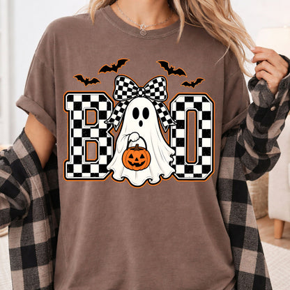 Boo Checkered Bow Ghost Halloween T-Shirt, Pumpkin Bucket Bats Retro Tee Sweatshirt