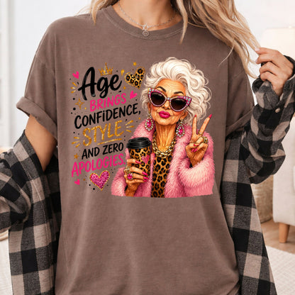 Age Brings Confidence Senior Woman T-Shirt, Fabulous Glam Leopard Coffee Comfort Color Tee
