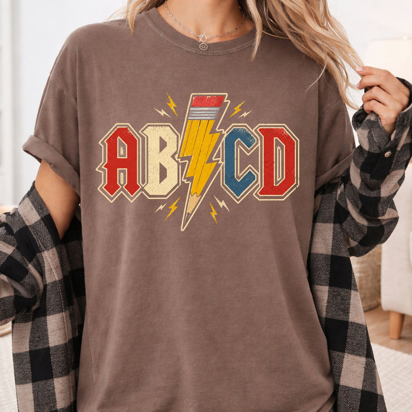 AB CD Lightning Bolt Pencil Teacher T-Shirt, Rock N Roll Back to School Comfort Color Tee