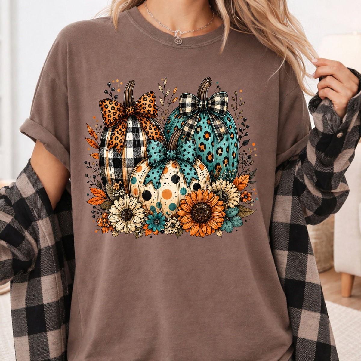 Fall Leopard Plaid Pumpkins T-Shirt, Teal Orange Floral Thanksgiving Tee