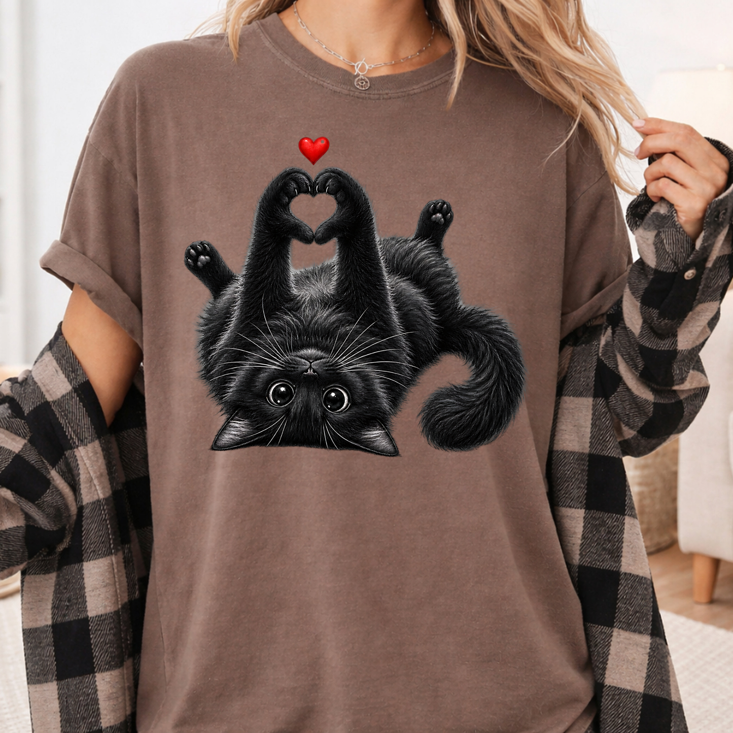 Black Cat Heart Hands T-Shirt, Cute Kitty Kitten Lover Heart Paws Love Tee