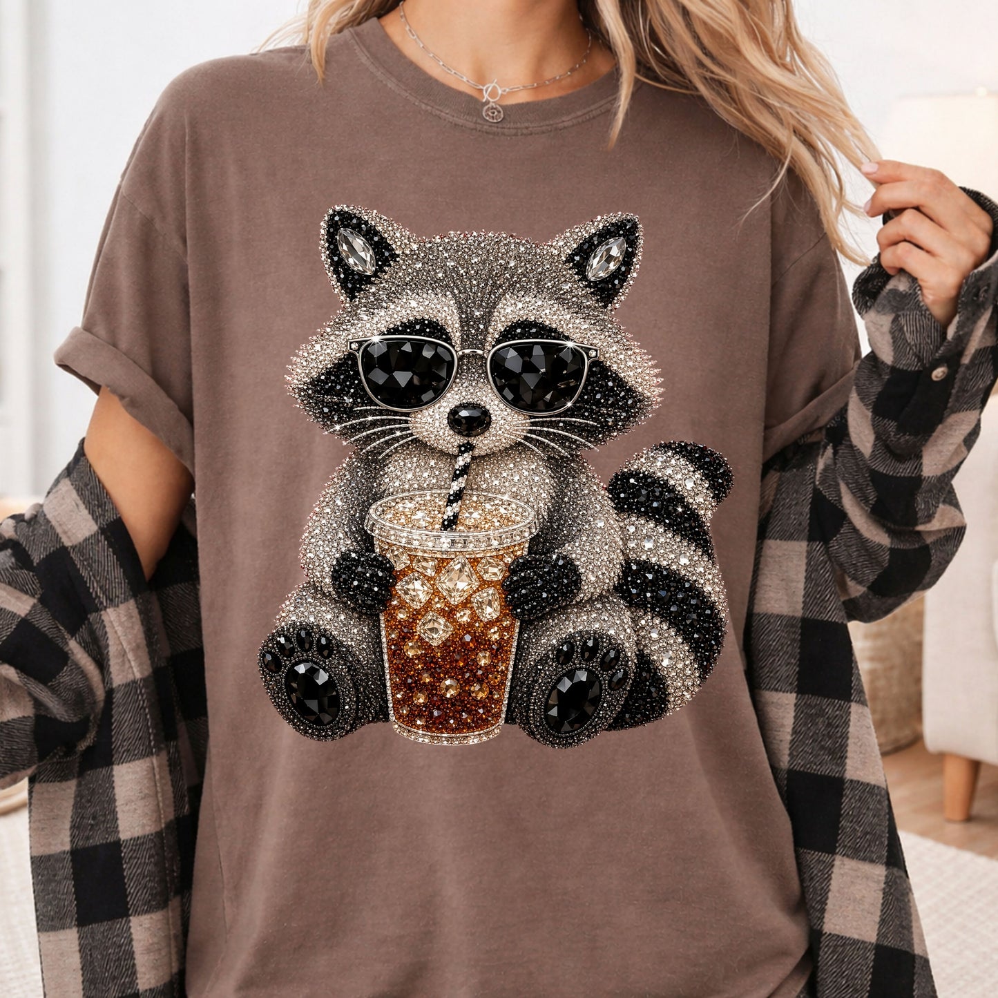 Cool Raccoon Iced Coffee T-Shirt, Sunglasses Trash Panda Rhinestone Tee Sweatshirt