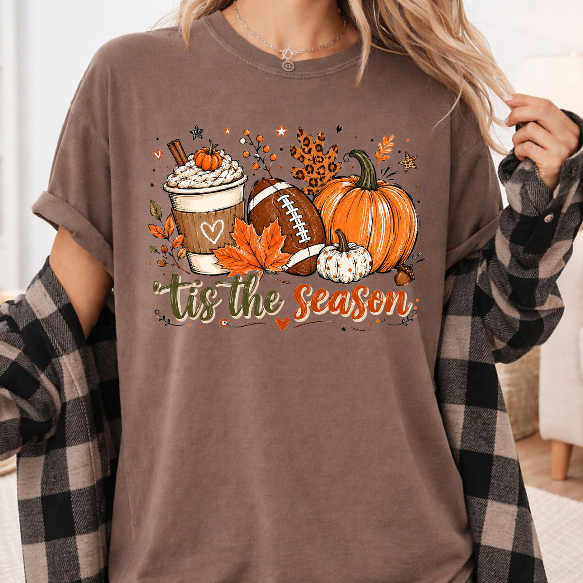 Tis the Season Football Fall T-Shirt, Pumpkin Spice Coffee Thanksgiving Tee