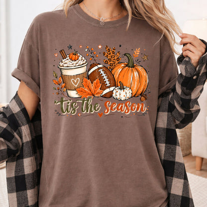Tis the Season Football Fall T-Shirt, Pumpkin Spice Coffee Thanksgiving Tee