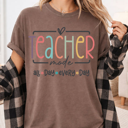 Teacher Mode All Day T-Shirt, Pastel Rainbow School Education Teacher Tee Sweatshirt