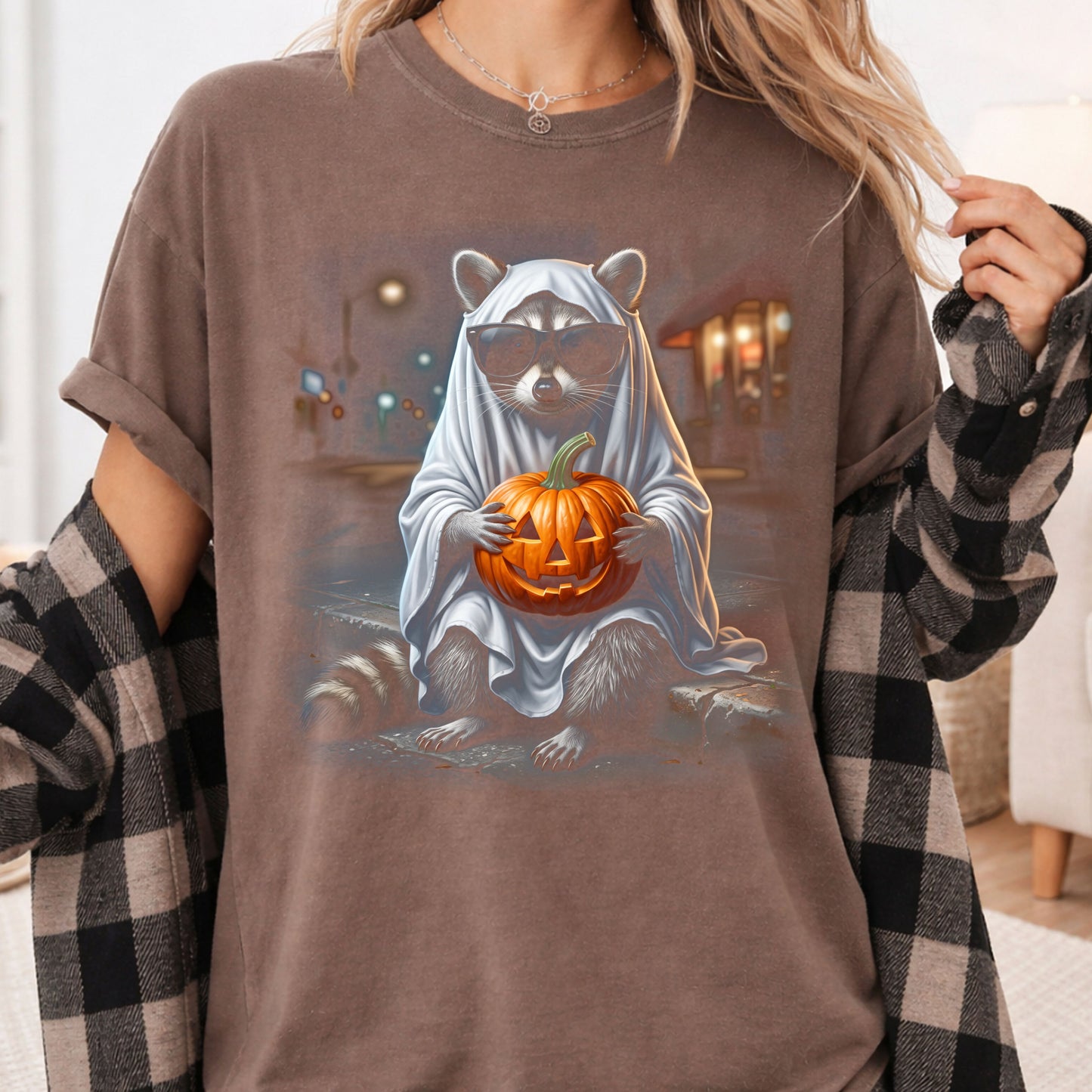 Halloween Ghost Raccoon T-Shirt, Pumpkin Trash Panda Spooky Vintage Tee
