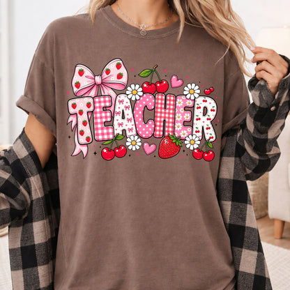 Teacher Coquette Pink T-Shirt, Strawberries Cherries Bow School Educator Tee