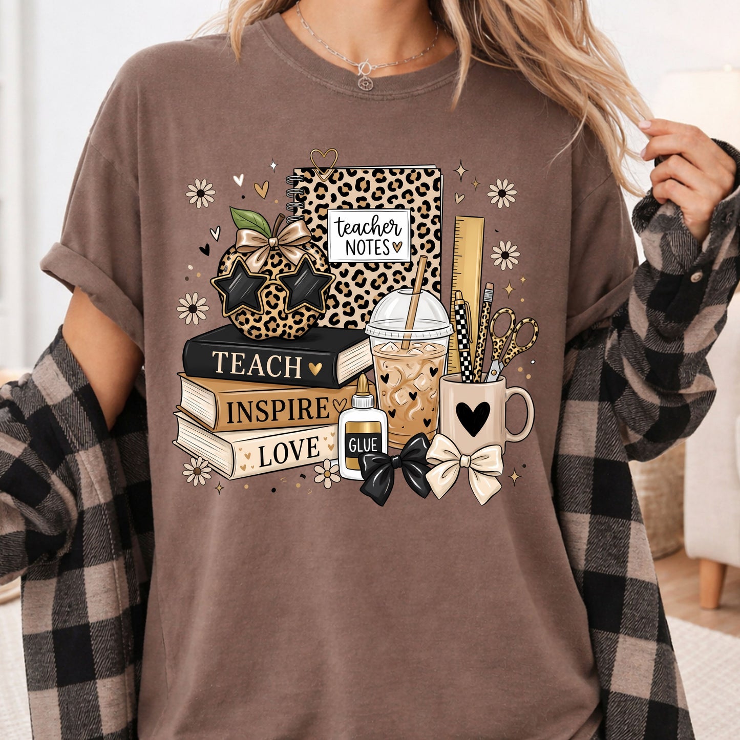 Teach Inspire Love Leopard Teacher T-Shirt, Notebook Coffee Iced Drink Comfort Color Tee